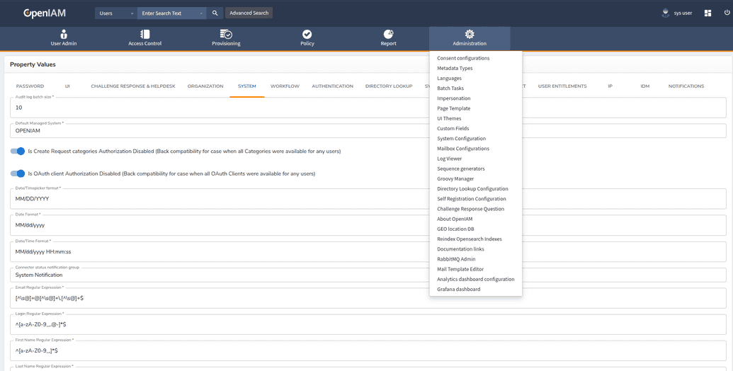 Administration menu - System Configuration