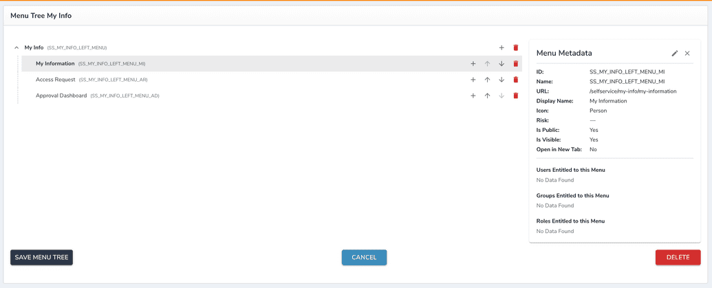 My Info menu tree editor