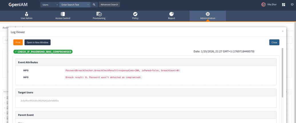 Example audit log