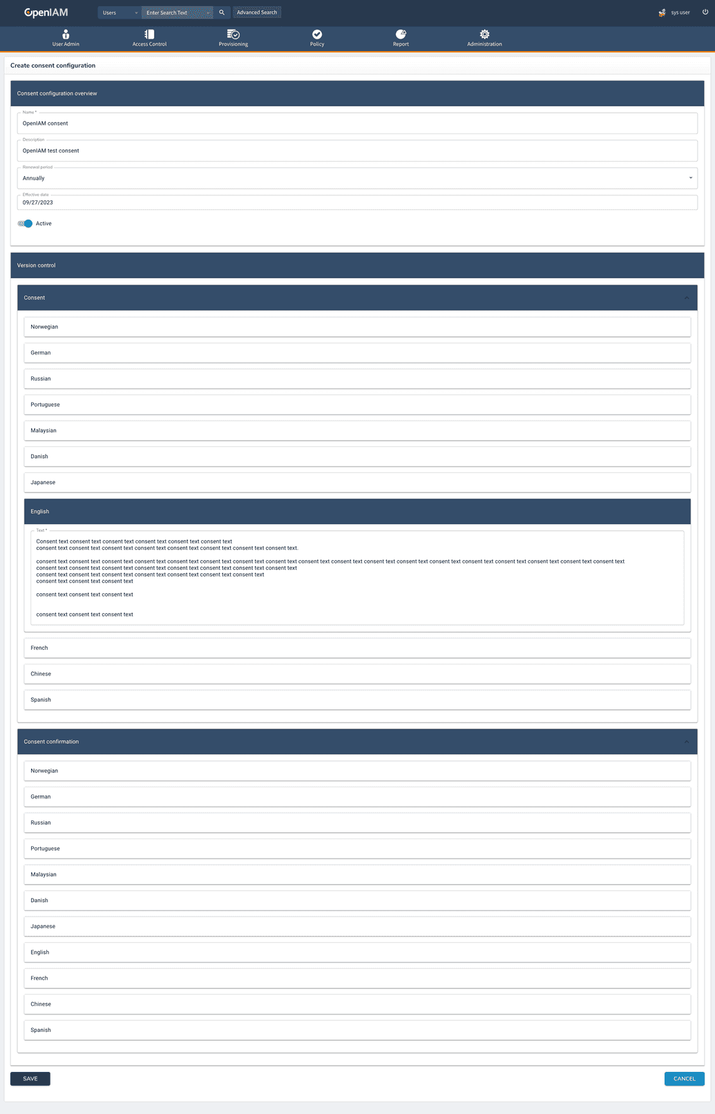 Consent management configuration