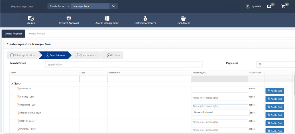 Selecting access in SelfService