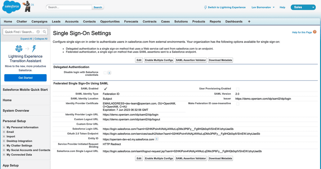 Salesforce SSO configuration