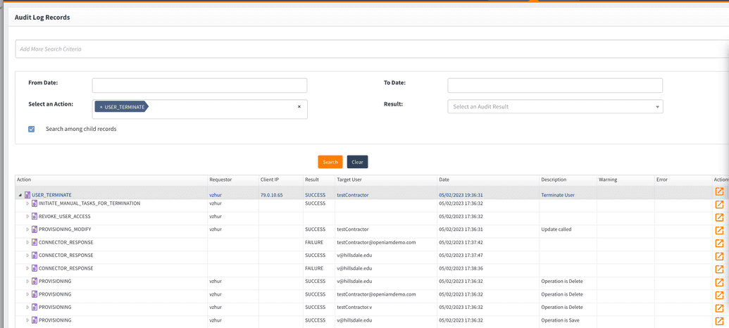 Log for terminating user