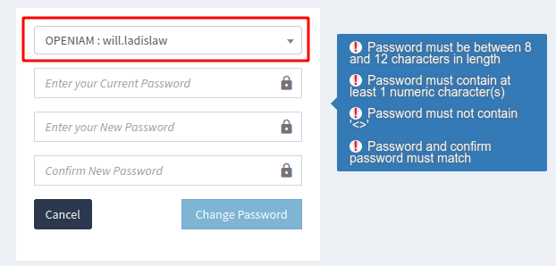 Change password screen 