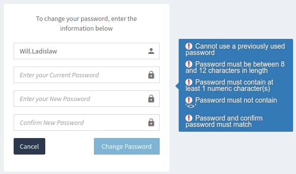 Change password screen 