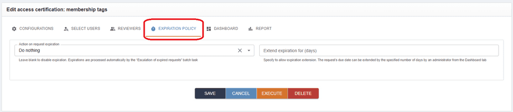 Expiration policy tab