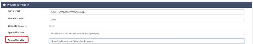 Application URL field filled