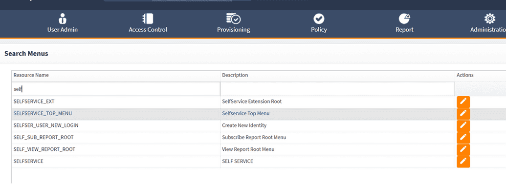 SelfService top menu