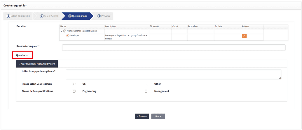 Questionnaire in SelfService