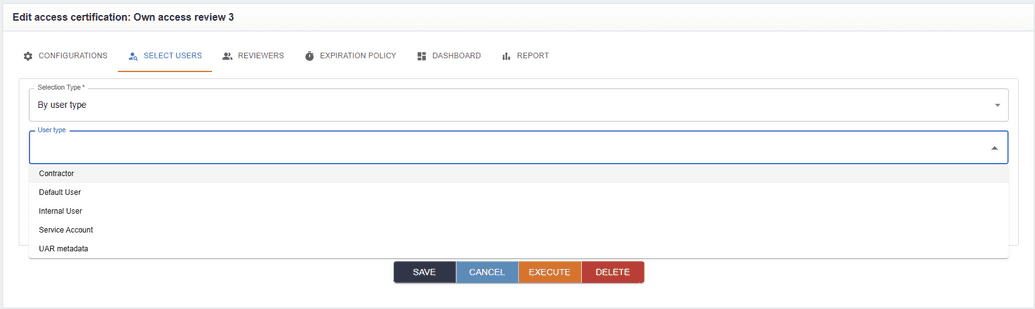 User type selection tab
