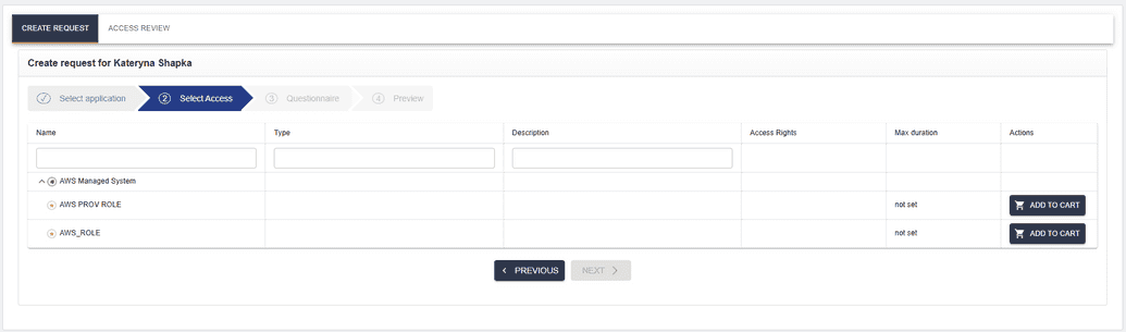 Selecting access in SelfService