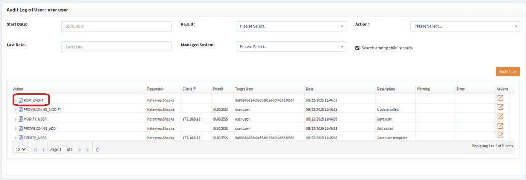 Risk event audit log entry