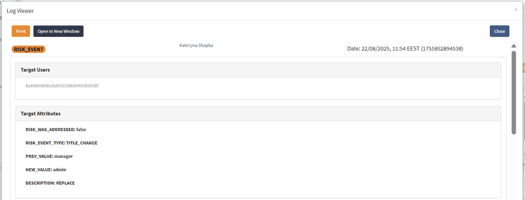 Risk event audit log entry1
